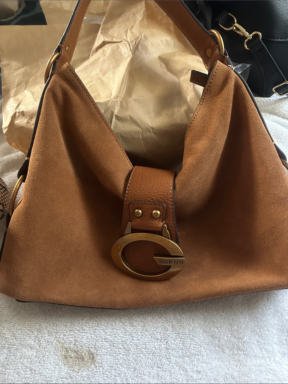 Guess Tan Suede Shoulder Hobo with Gold G Logo